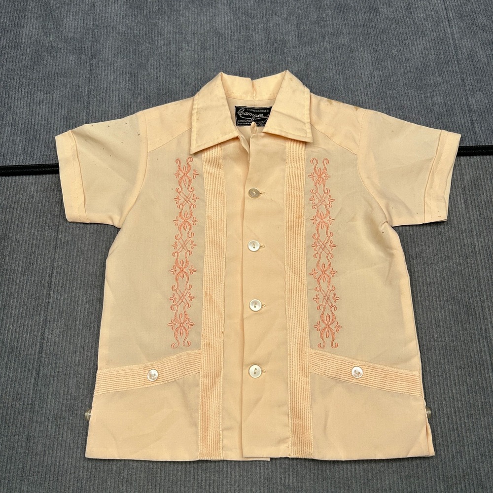 Confecciones Campos Vintage Guayabera Shirt Peach Embroidered Mexico Kids Size 0